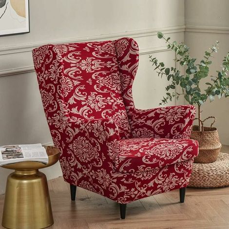 2-Piece Stretch Wingchair Cover Armchair Cover with T-Cushion Cover,Printed Non-Slip Armchair Slipcover,for Living Room,Hotel,Bedroom (Baroque Style)
