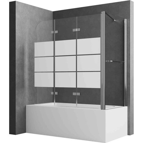 Duschwand für Badewanne mit Seitenwand Badewannenaufsatz 2-teilig faltbar Duschwand Badewanne 120x75x140cm Badewannenaufsatz mit Seitenwand aus 6mm ESG Sicherheitsglas, Gestreift (1/5)