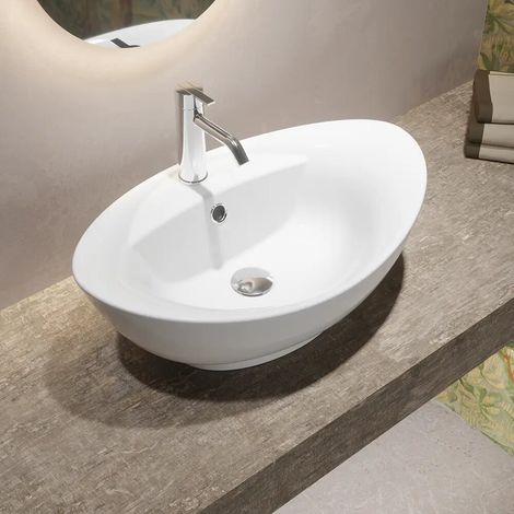 Lavabo à poser ovale avec trop plein 59x40x22 cm Blanc (1/4)