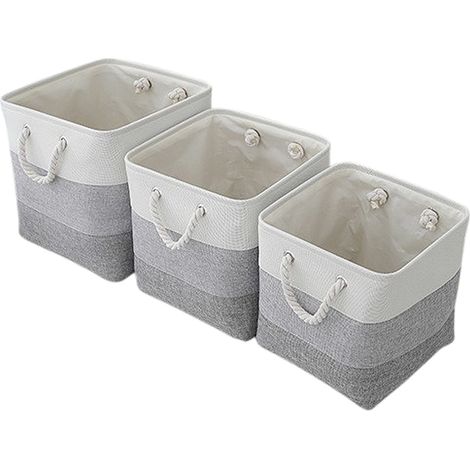 Panier de rangement pliable en lin gris, poignée corde coton, lot 6 pièces (33/30/28cm), pour jouets et vêtements (1/4)