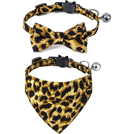 Collier Pour Chat Avec Bandana Et Clochette - Imprimé Léopard Boucle De Sécurité - Accessoire Décoratif Pour Animaux - Lot De 2 Pièces (1/5)