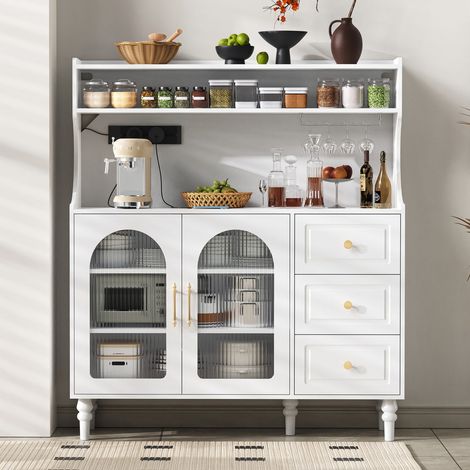 Buffet blanc avec prises, tiroirs, étagères réglables et rangement pour cuisinesalle à manger (1/5)