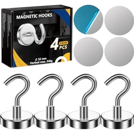 4 Pièces 32 MM Crochet Aimanté Force D'attraction de 34 KG, Aimant Puissant Crochets Magnétiques avec Plaques Métalliques, Magnetique pour Cuisine Réfrigérateurs - (1/5)