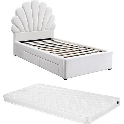 Letto a conchiglia 90 x 190 cm 2 cassetti - Velluto - Bianco + Materasso - MOANA