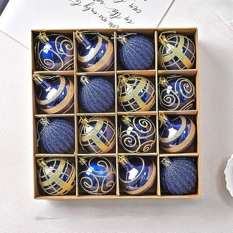 XM0016S Lot de 16 boules de Noël en plastique à paillettes blanches et dorées pour sapin de vacances, guirlande, couronne et décoration de table avec boîte cadeau (XM0016S – bleu bleu) (1/5)