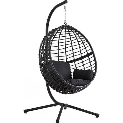 Concept-Usine – Fauteuil suspendu noir en rotin PE – Support en acier – 1 place – Dimensions 106 x 94 x 196 cm – Poids max 130 kg