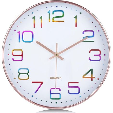 Horloge Murale Chiffres 3D Multicolore, Silencieuse Moderne 30cm Pendule Murale Or Rose, Facile à Lire sans Tic-tac Déco pour Cuisine Salon (1/4)