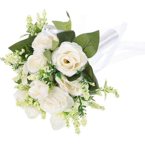 Bouquet de Fleurs Artificielles Mariage Blanc en Tissu de Soie et Rubans, Décor Élégant et Accessoire Photo Mariée Tenant Son Bouquet Lors de Fêtes ou Bureaux (1/5)