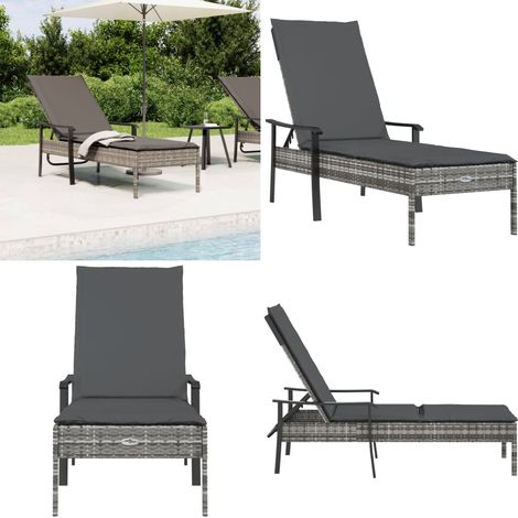 Lettino Prendisole con Cuscino Grigio in Polyrattan - Sdraio in rattan - Sdraio in acciaio