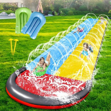 Doppelte Rasenwasserrutsche (480 cm) mit 2 aufblasbaren Brettern, sommerliches Wasserspielzeug für Kinder und Erwachsene, für Garten und Terrasse (1/5)