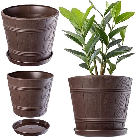 Pot de Fleurs, Plastique Léger, Design Imitant le Bois, Marron (1/5)