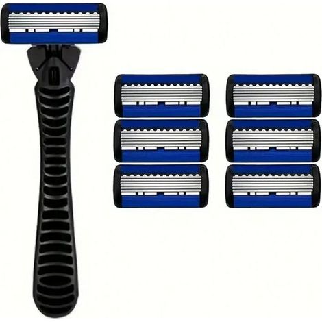 rasoir electriques hommes-Rasoir manuel 6 lames – Compatible toutes barbes (1 manche + 6 couches noir/bleu + étui voyage) (1/5)