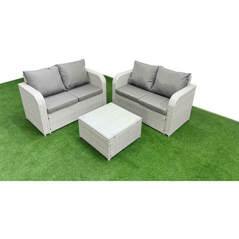 Fimous 4 Seater Outdoor Love Sofa Set Rattan Garden Furniture Set with Square Coffee Table Light Grey (1/4)