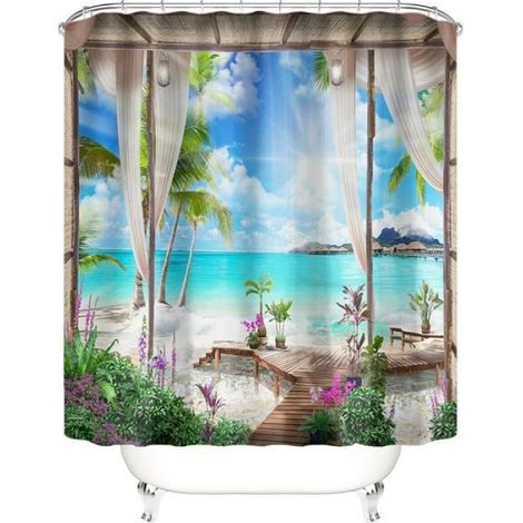 Rideau De Douche - Tapis De Bain - Ensemble 4 Pièces En Polyester Et Flanelle - Pour Salle De Bain (1/3)