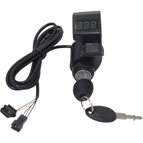 Scooter accessories with lock, LCD battery display, ignition lock, key, shifter, and accelerator. (1/4)
