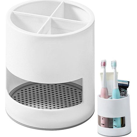 Porte-brosse à dents électrique avec 4 compartiments, bac de récupération inclus, organiseur de salle de bain résistant à l’eau pour brosses à dents, dentifrice et pinceaux de maquillage, blanc (1/5)
