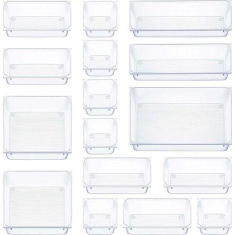 16 pièces organisateur tiroir, 5 tailles boite rangement tiroir, antidérapant organiseur maquillage, pour papeterie de bureau rangement, (transparent) (1/4)