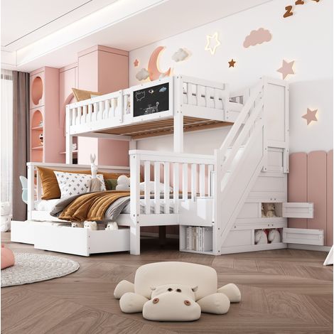 MODFU – Litera infantil 90x200 y 140x200 cm de pino con pizarra, escaleras de almacenamiento, cajones y somier de láminas – Blanco (1/5)