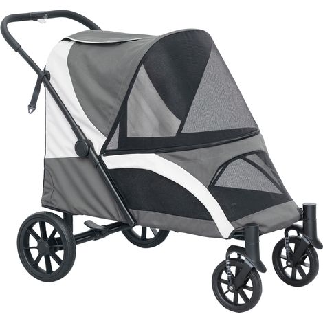 Poussette pour chien et chat jusqu'à 30 kg gris foncé avec coussin fenêtres filet portes laisses sécurité freins sac rangement