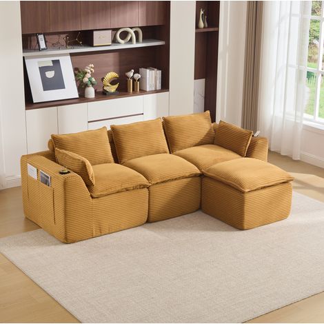 Divano modulare 3 posti con pouf, cuscini e portabicchiere, velluto a coste arancione DESVIAE (1/5)
