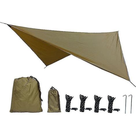 Bâche imperméable 360x290cm brun, abri tente camping hamac auvent jardin, protection pluie UV, voile d'ombrage extérieur, auvent bivouac randonnée, toile polyvalente. (1/5)