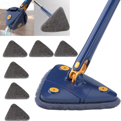 Vadrouille de Nettoyage Triangulaire à 360 degrés, Balai télescopique Triangulaire, Balai à sertir réglable, serpillère Multifonction Automatique (Bleu + 6 tampons) (1/5)