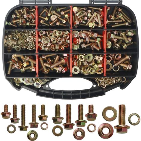 Coffret de visserie 404 pièces - Assortiment de boulons hexagonaux, vis, écrous, rondelles plates et rondelles élastiques - Acier carbone avec zinguage coloré, filetage total