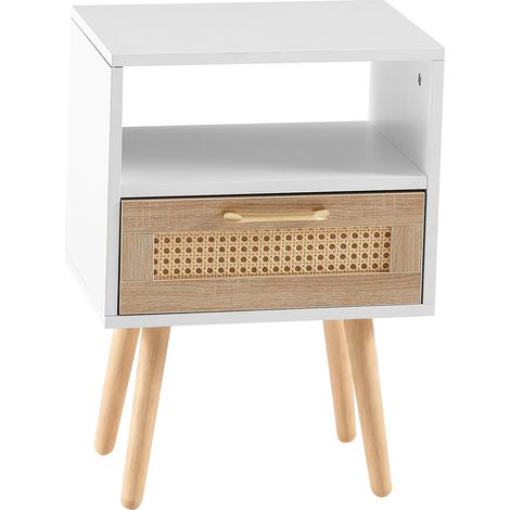 Beistelltisch aus Rattan mit Schublade, Holzbeine, Weiß, H55 x B40 x T30 cm (1/5)