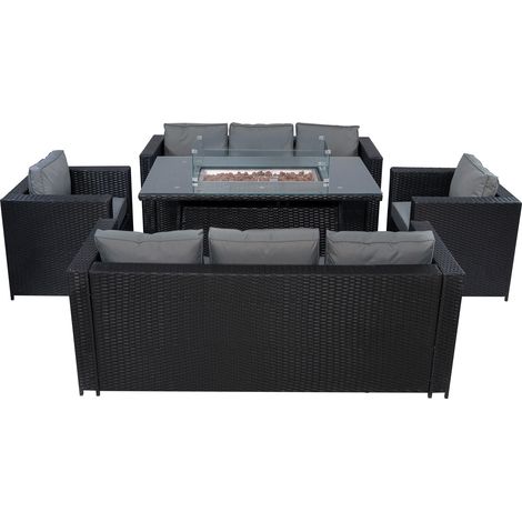 Rattan Gartenmöbel 8-Sitzer Schwarz/Grau Sofa Sessel Feuerstellen
