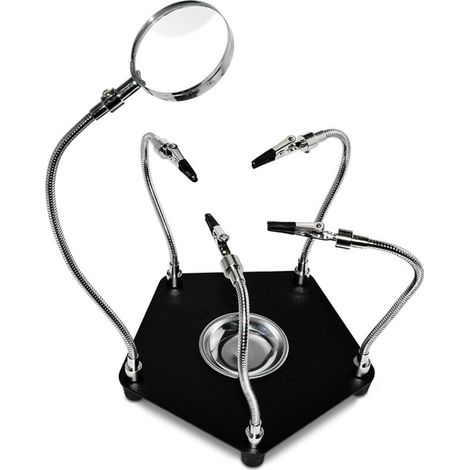 Dreihändiger Lötständer mit Lupe, 4 flexiblen Armen und Krokodilklemmen, ideal für Reparaturen, Modellbau, Leiterplatten, Bastelarbeiten und Schmuckherstellung.
