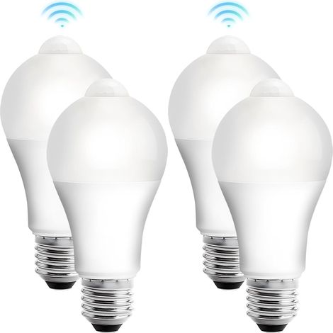 Lot de 4 ampoules LED E27 avec détecteur de mouvement PIR E27 12 W Blanc froid 3000 K Lampe à économie d'énergie pour couloir, garage, escalier