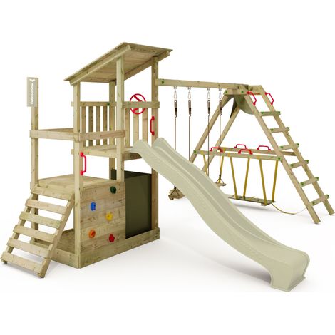 FATMOOSE Torre gioco FruityForest con altalena SurfSwing e scivolo, torre da arrampicata con sabbiera, scala e accessori da gioco - verde salvia
