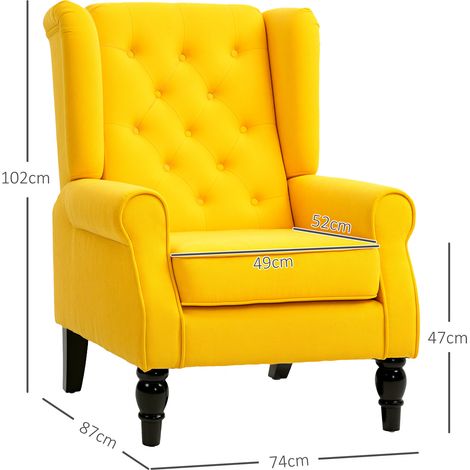 Fauteuil français pour chambre à coucher avec assise large et pieds en bois, parfait pour le salon ou le bureau, jaune. (1/5)