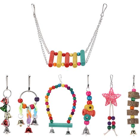 Ensemble de 7 jouets pour oiseaux : balançoire pour cage, jouet à mâcher, clochette, anneau, jouet suspendu pour perroquet (1/5)
