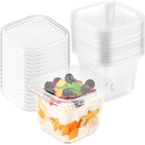 50 Stück Dessertbecher aus Kunststoff mit Deckel, 360 ml quadratische Dessertbecher, perfekte transparente Vorspeisenbecher, wiederverwendbare Servierschalen mit Deckel für Pudding, Mousse und Partys (1/5)