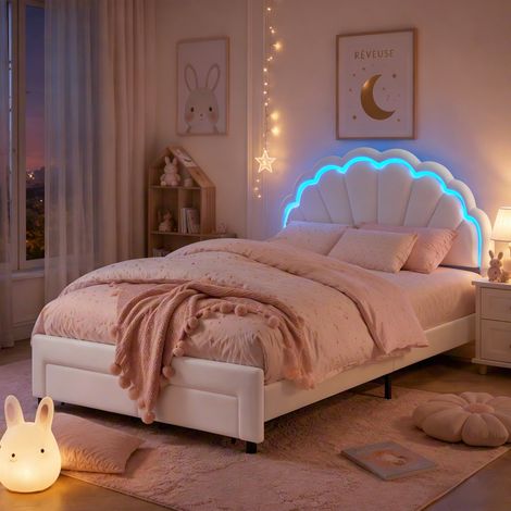 Lit double adulte 140x200 cm avec tête de lit pétale, velours blanc, tiroir au pied, éclairage LED d’ambiance (1/5)