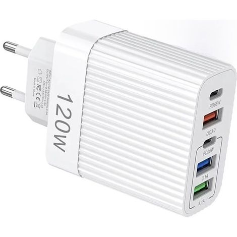 Chargeur mural multiport USB Type-C blanc, 120 W, 5 ports, compatible avec la charge rapide PD pour iPhone, Xiaomi et Huawei. (1/5)
