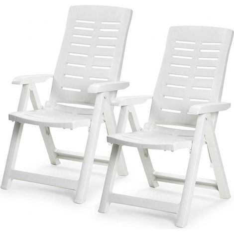 Set 2 Poltrone da Giardino Pieghevoli Multiposizione in Polipropilene Bianco 60x61x109 cm Coppia Sedie Relax per Esterno Terrazzo e Balcone Resistenti 150 kg
