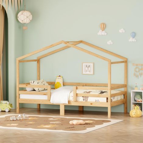 Letto a capanna per bambini 90x200 cm con rete a doghe barriera anticaduta a tre lati per maschio e femmina in legno massiccio di pino stile montessori colore naturale (1/5)