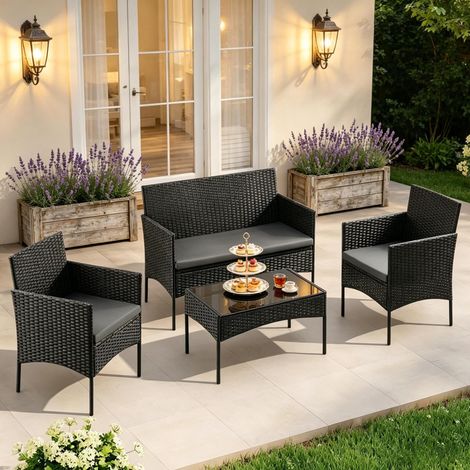Salon de jardin 4 pièces 100x56x78 cm PE rotin noir, table verre, pour balcon – MEUBLIV (1/5)