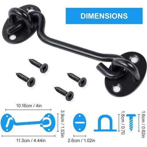 2 Pièces Crochet Fermeture Porte Noir Acier Inoxydable Crochets avec oil de Porte Verrous et Boulons pour Serrures Porte de Grange, Salle de Bain, Fenêtre, Porte Coulissante, 10cm (1/3)