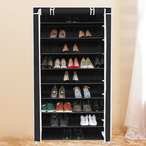 SiFree®Armoire étagères à chaussures 9 couches 45 paires de chaussures avec housse 88 x 28 x 160cm noir (1/5)