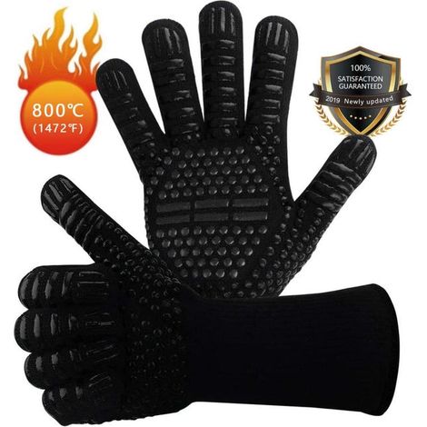 Guantes de silicona antideslizantes para barbacoa, horno, cocina resistente al calor, guantes para chimenea hasta 800 °C, color negro. (1/5)