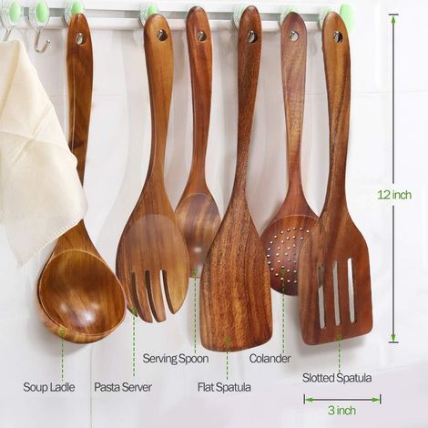 Set di 6 utensili da cucina grandi in legno di teak naturale antiaderente: cucchiai, spatola, colino - resistenti - ALTRO (1/4)