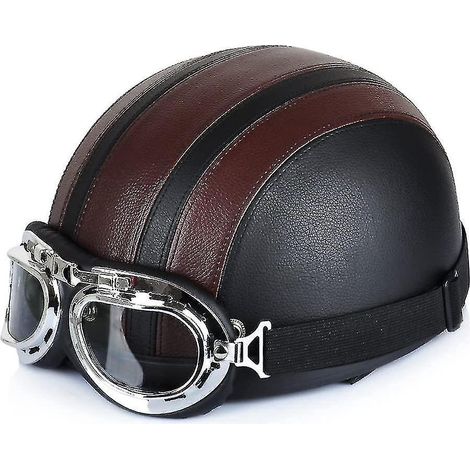 Casque demi-jet ouvert en cuir pour moto/scooter, avec lunettes anti-UV, style rétro vintage, taille 54-60 cm (1/3)