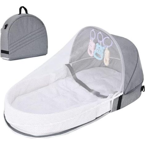Cuna de viaje para bebé, cuna portátil con mosquitera y juguetes, plegable, ideal para viajes familiares (gris) (1/5)