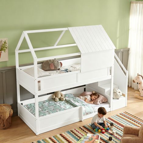 Etagenbett aus Massivholz, Doppelausführung, Größe 80 x 200 cm, kleines Dachdesign, mit Sicherheitsgeländern und Stufen, White(ohne Matratze) (1/5)