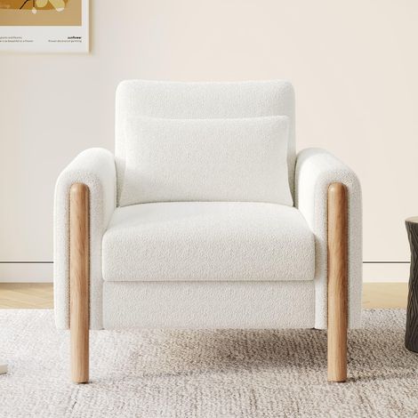Fauteuil relax moderne en tissu Teddy avec coussin, fauteuil confortable pour salon, bureau ou chambre, 87 × 83 × 88,5 cm (blanc)