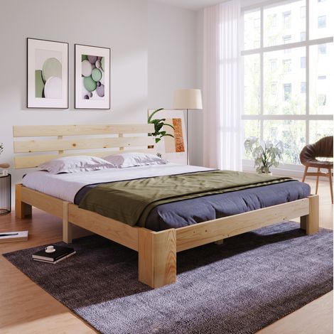 Letto matrimoniale in legno massello di pino naturale 140x200 cm con testiera e rete a doghe inclusa (1/5)