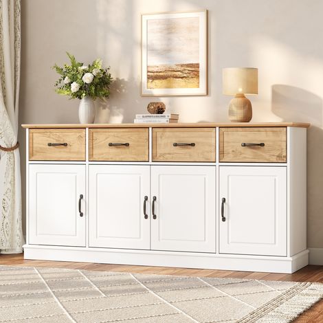 Buffet bas de rangement, 160x40x78 cm, Meuble enfilade pour salon et salle à manger, Style moderne, avec 4 portes 4 tiroirs, poignées en fer, Blanc (1/5)